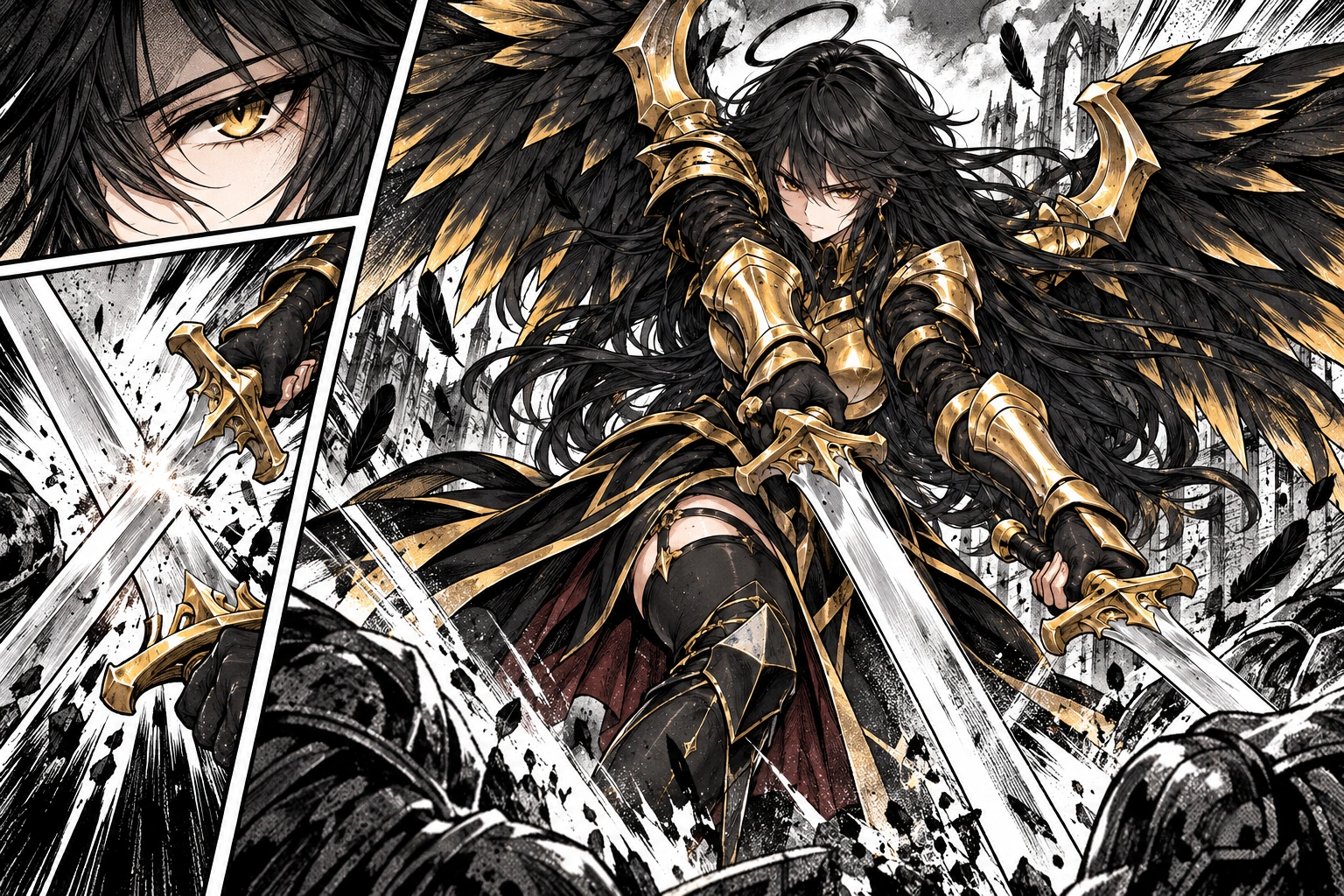 Seraphim raises her twin blades in a Manga attack cut-in.