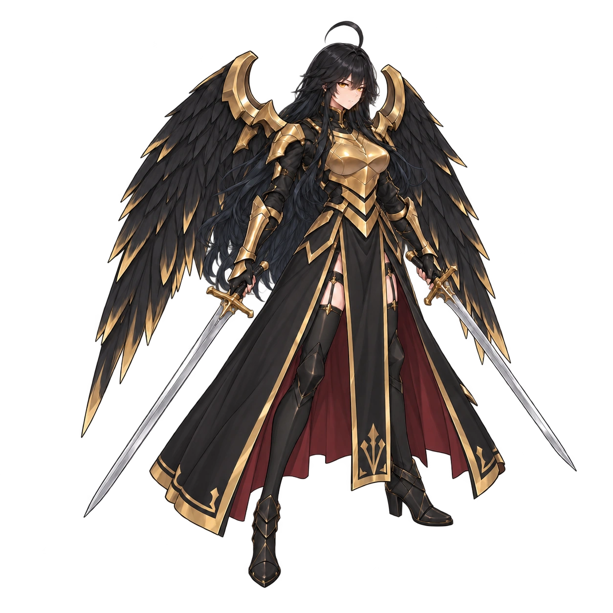 Seraphim in black and gold armour, with feathered wings and twin swords.